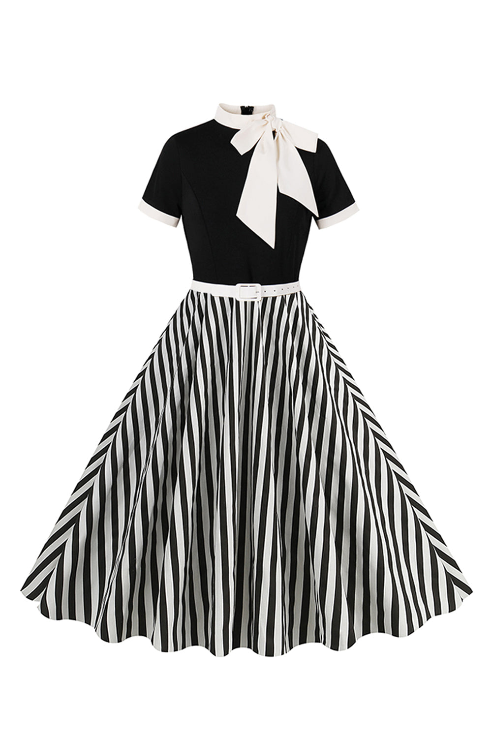 Robe trapèze noire à rayures fines, manches courtes – style années 50